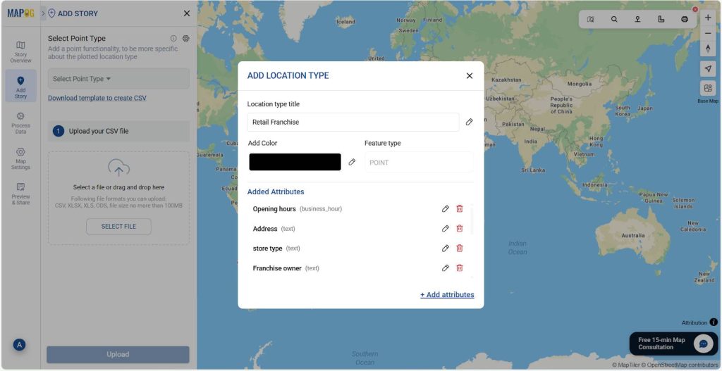 shows form view for creating interactive maps for presentations by adding new location type, feature type and attribute formatting.