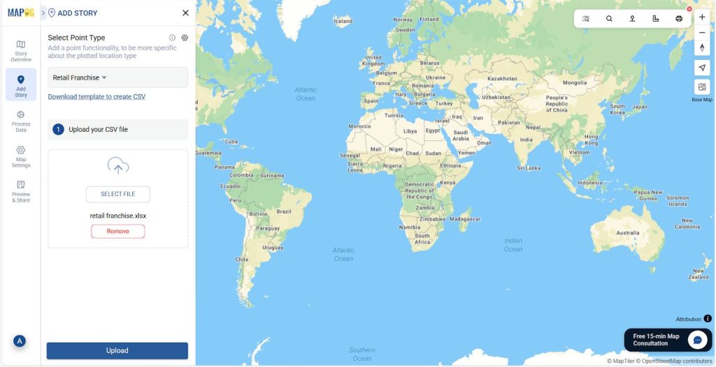 shows upload excel/CSV and selecting point type screen for creating interactive maps for presentations.


