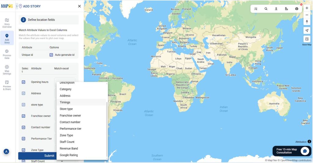 displays matching Excel columns to attributes while creating interactive maps