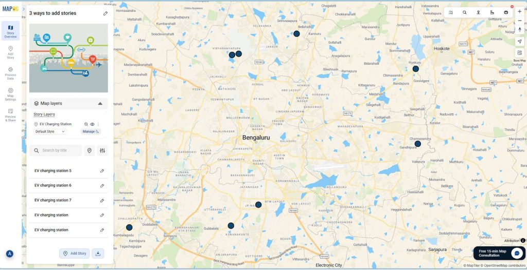 Image showing EV charging stations of Bengaluru on a map.