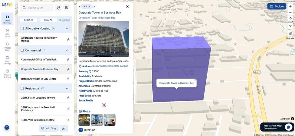 Interactive 3D building map of a real estate complex with highlighted towers