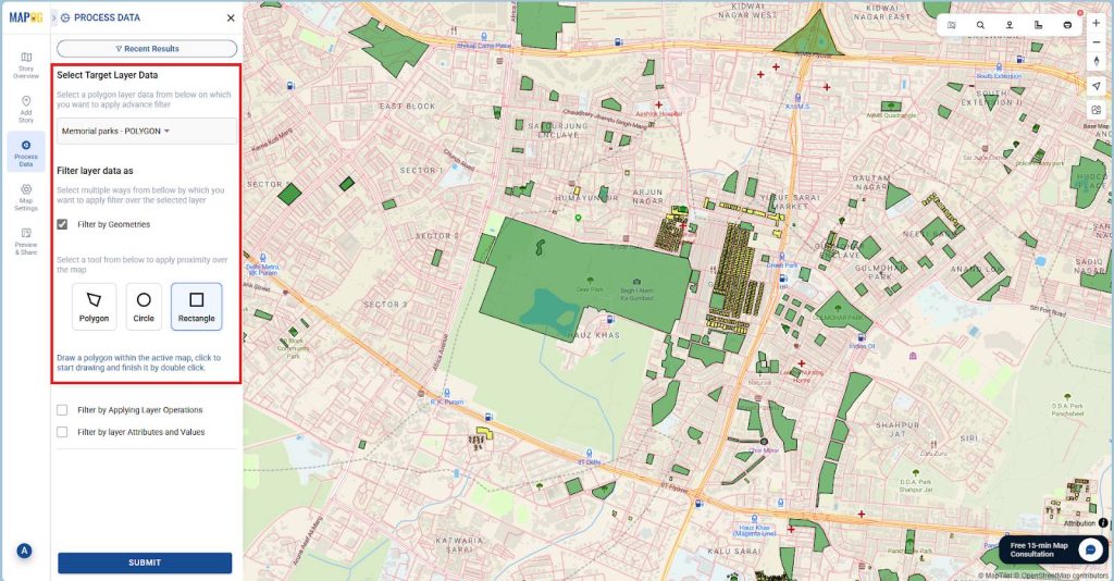 Selecting target layer and filter by geometries