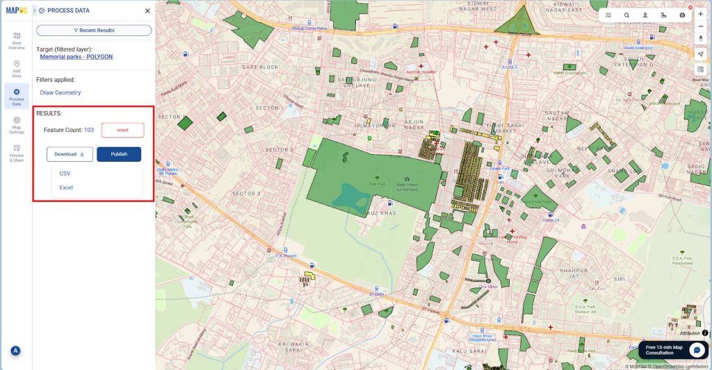 Publish the filtered result or optionally click on “Download” to export the data as CSV or Excel.