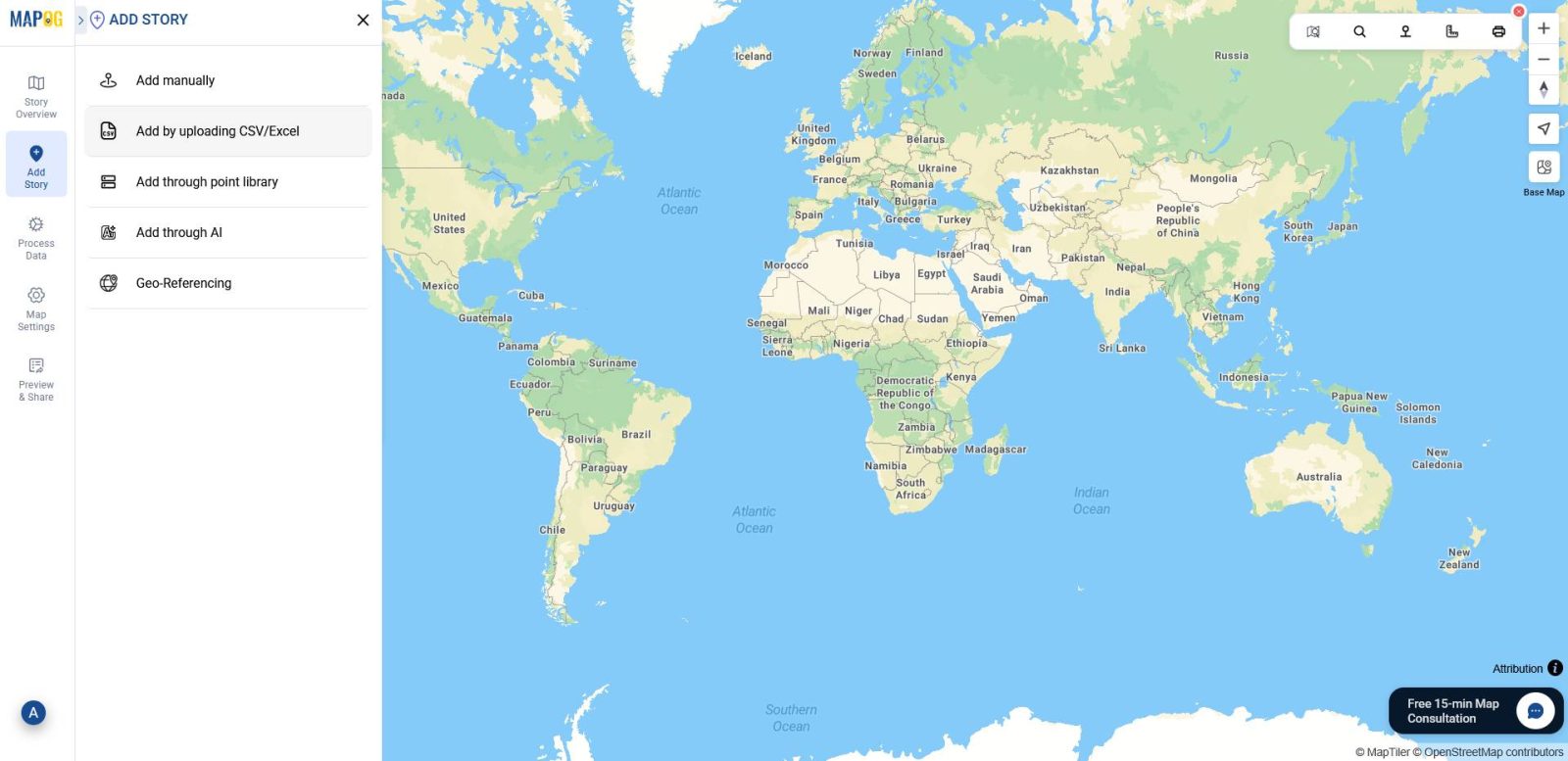 Interface view of the “Add Story” section with the option “Add by Uploading CSV/Excel” selected to upload your customer list.