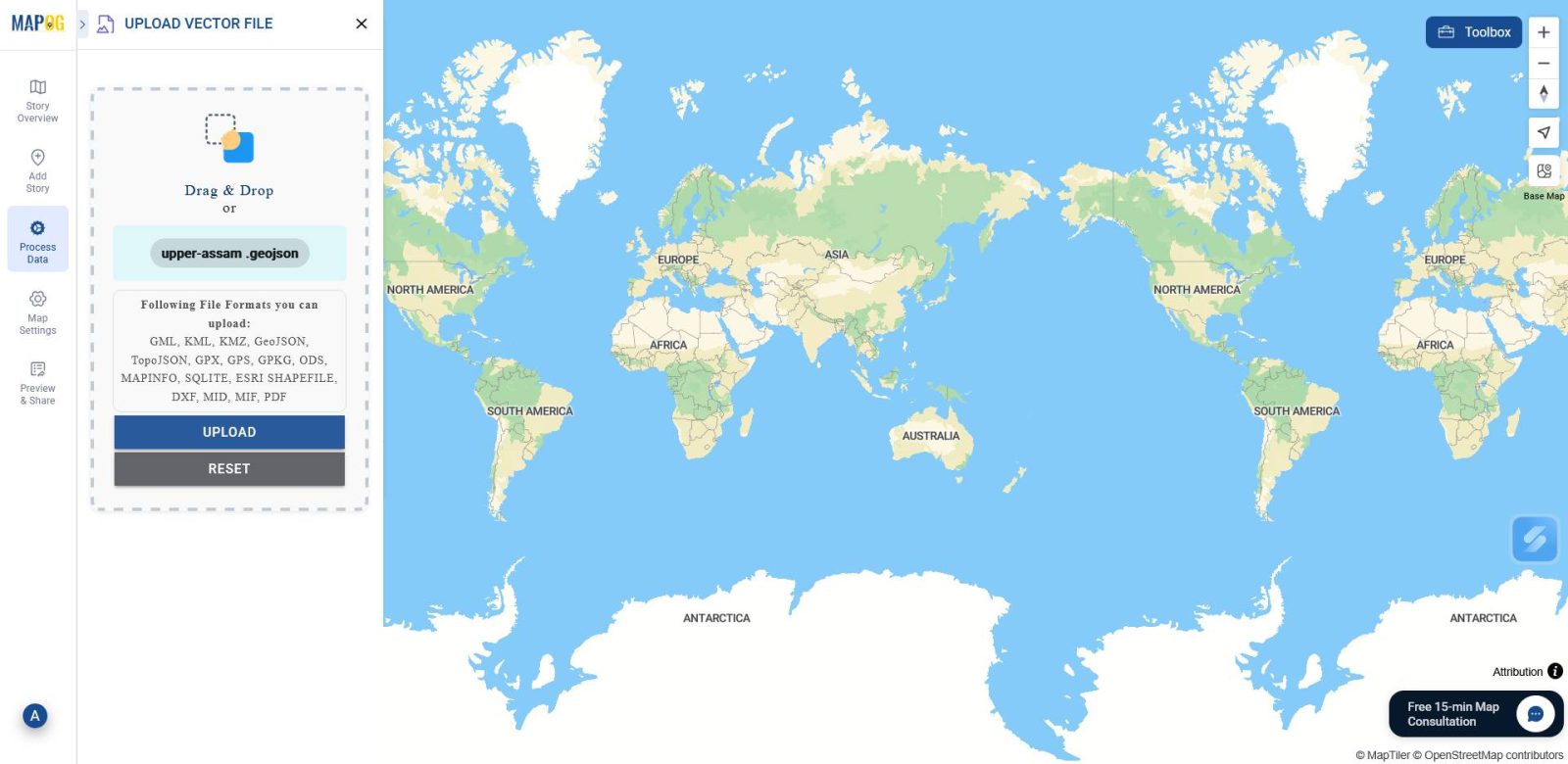shows uploading a GeoJSON file containing spatial data into the MAPOG interface.