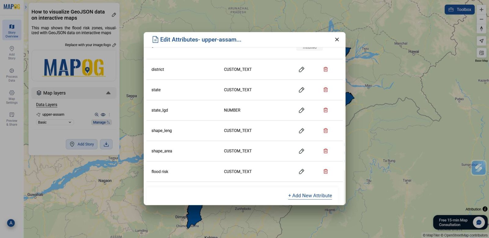 shows the Edit or add attributes panel to enhance the visualization of  GeoJSON data