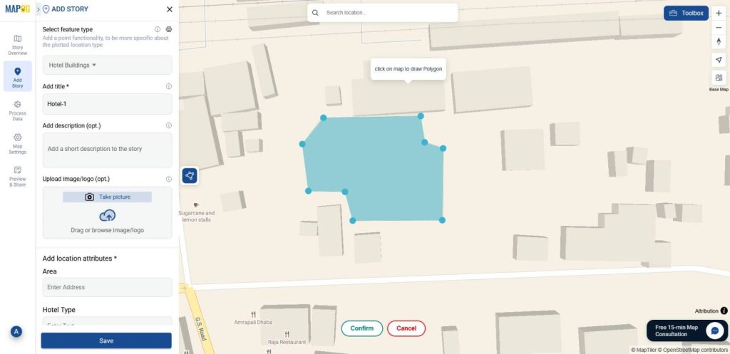 Shows tracing a building outline on the map using the polygon tool.