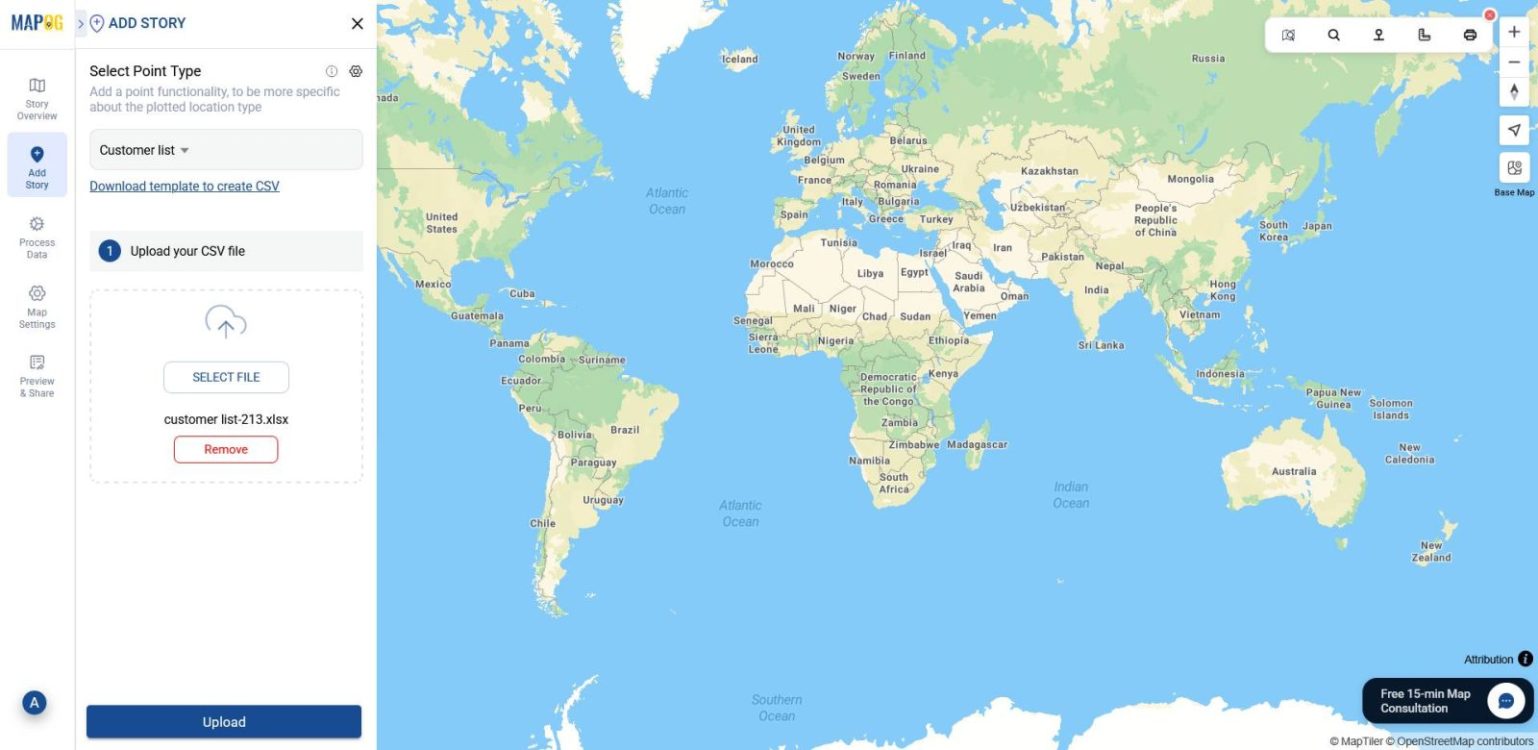 Shows location type with “Customer List” selected, and file browser open to upload your customer list in Excel or CSV format.