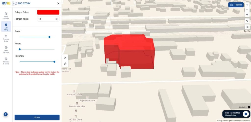 Shows Styling panel open with options to change building color and adjust height and layer view.
