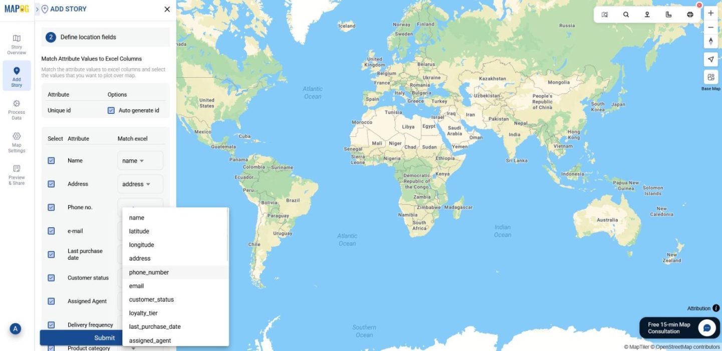 Mapping interface showing attribute matching screen, with columns aligned to Address, Phone Number, and Email