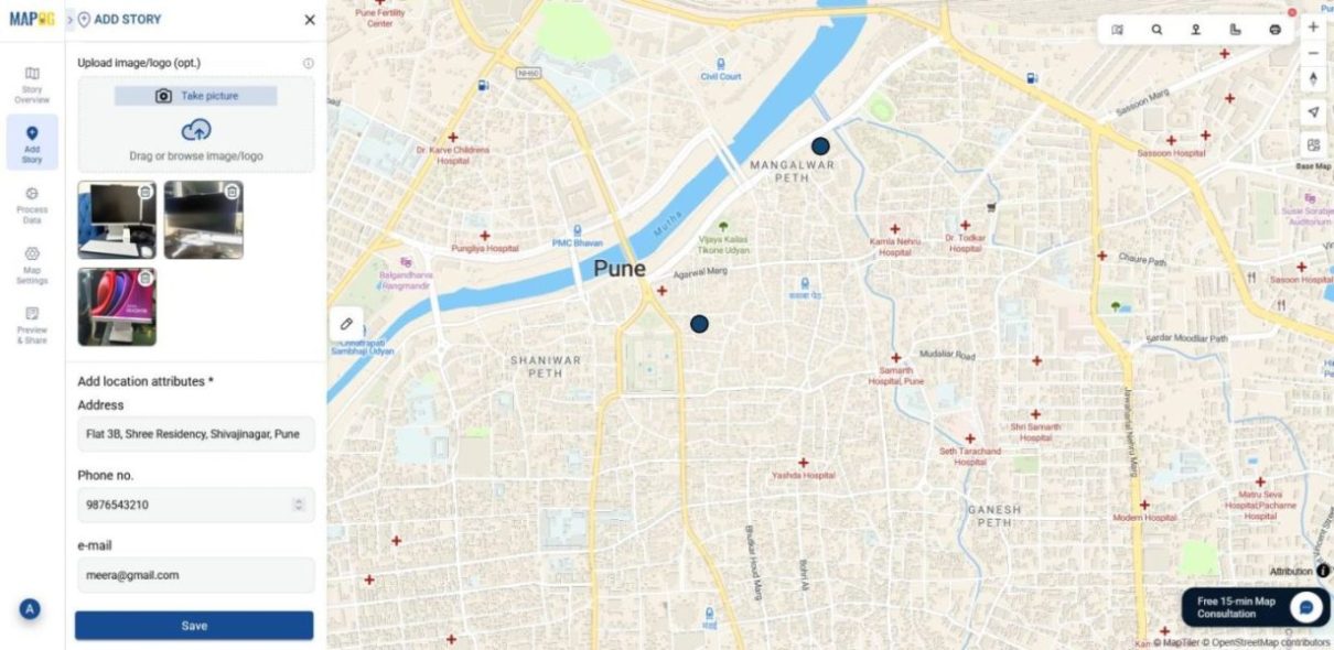 Shows map view with popup window open to add images and update attribute details.