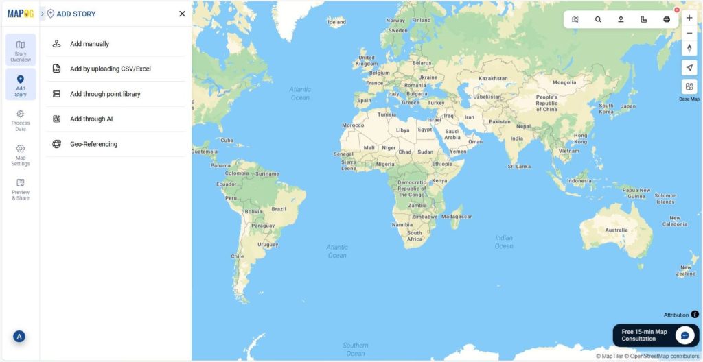 shows Add Story section with CSV/Excel upload option for interactive map creation.