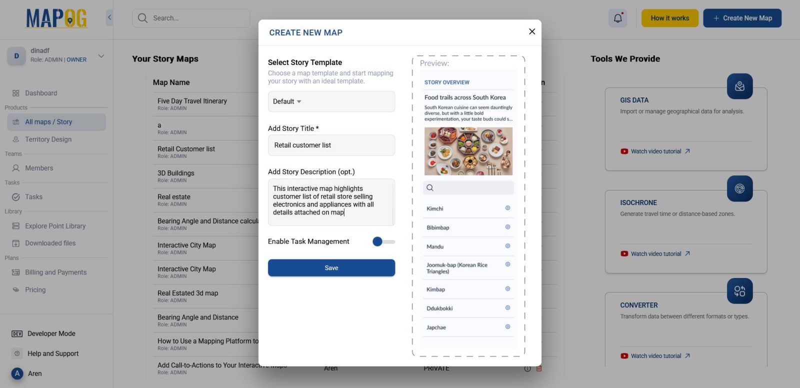 Shows “Create New Map” and fields for title and description