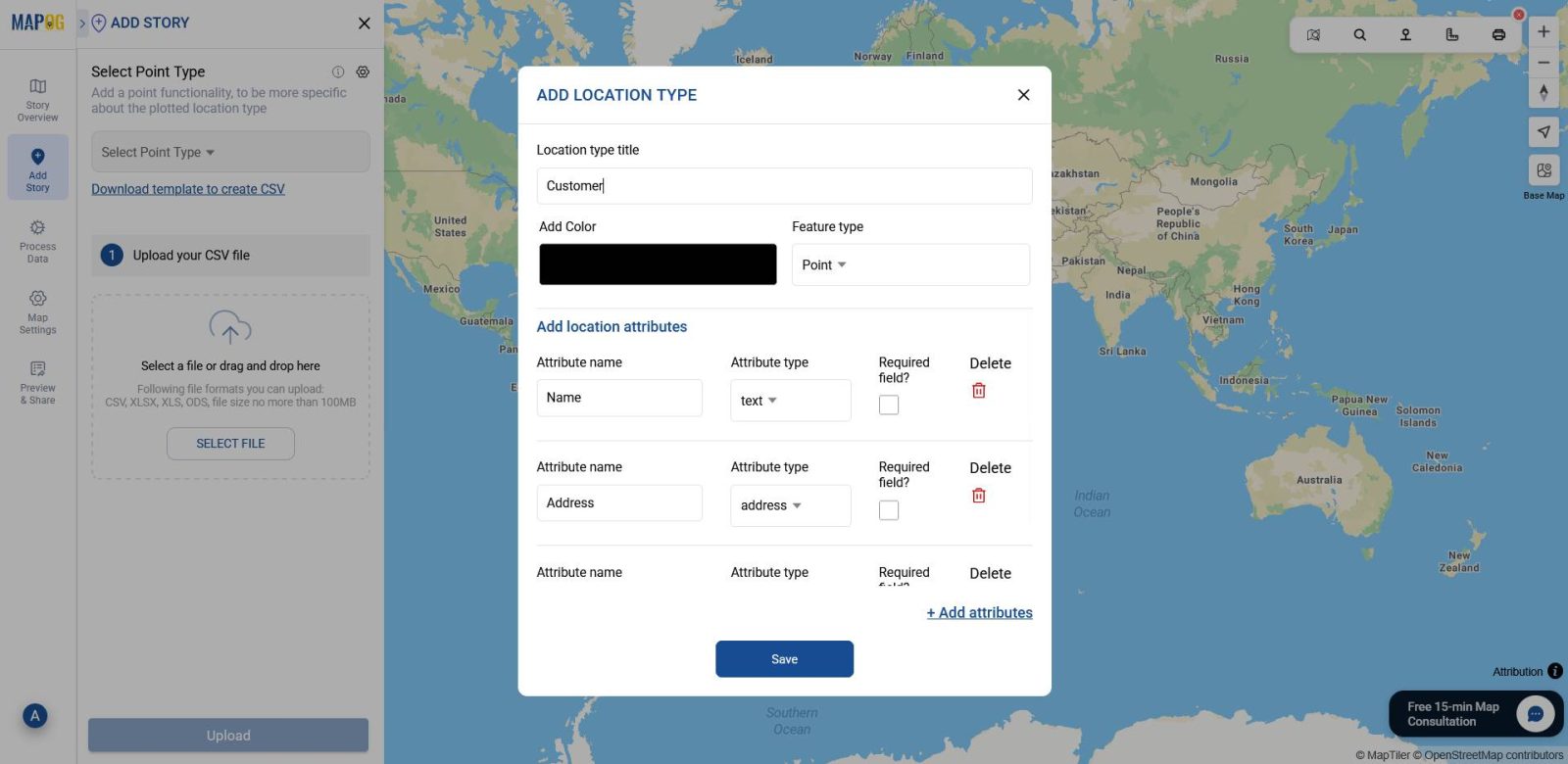 Shows fields for creating a new location type titled “Customer List” and adding attributes like Address and Phone Number.