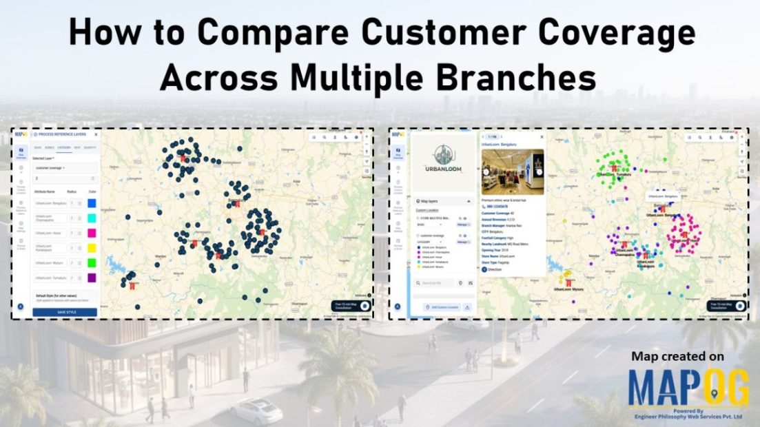 Image showing customer coverage map across multiple branches using colored pins and branch-level data.