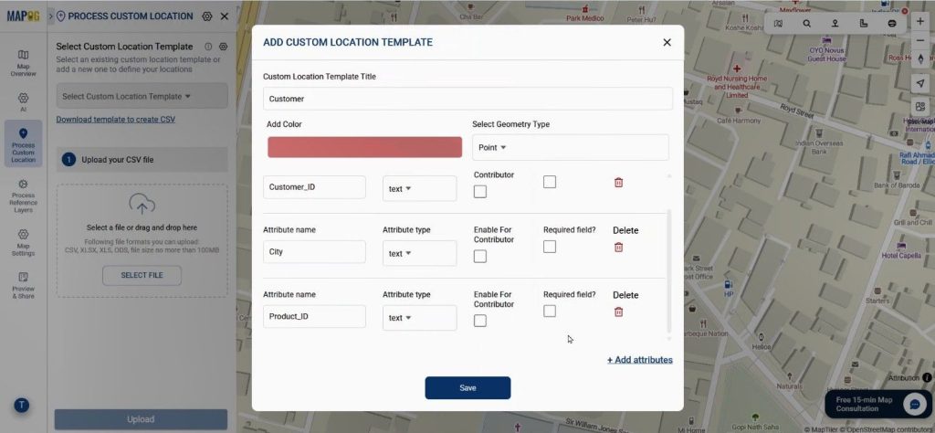 Attribute creation panel showing custom fields for purchase volume and frequency.