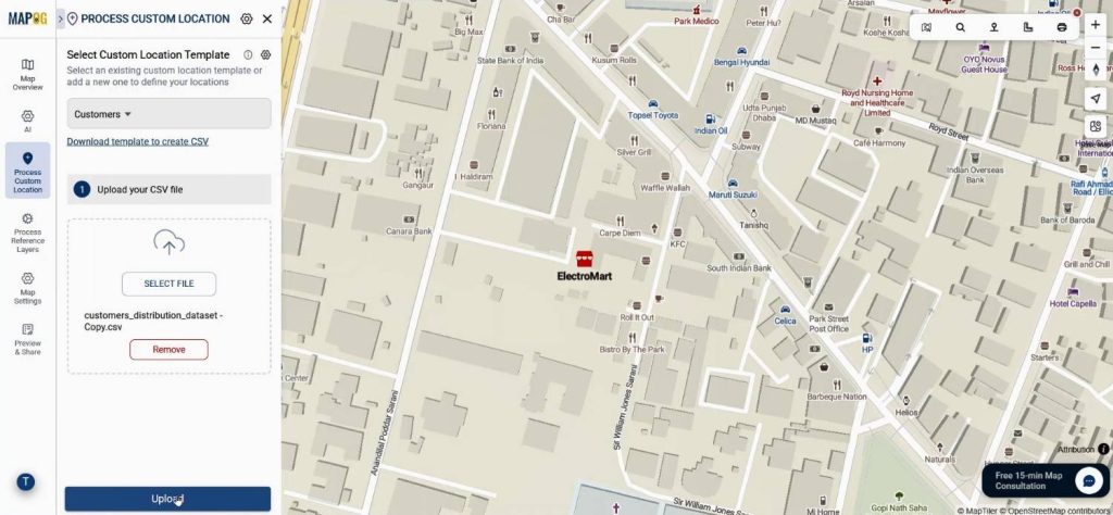 A dashboard interface with the upload CSV/Excel option highlighted for adding customer data.