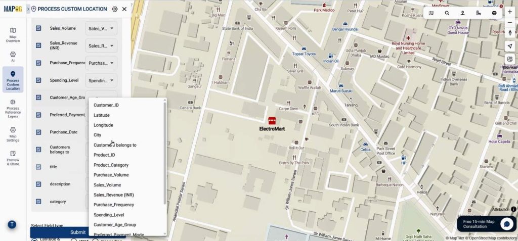 Spreadsheet preview with highlighted columns for latitude and longitude matching.