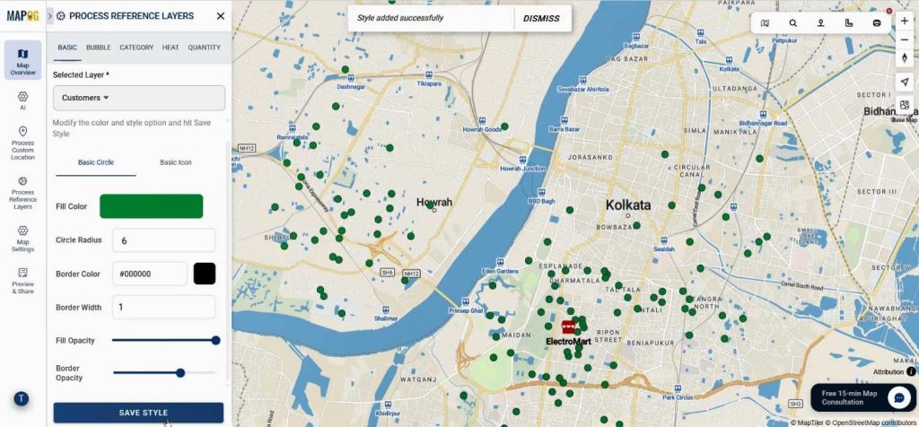 Map styling menu showing color gradients applied to customer points.