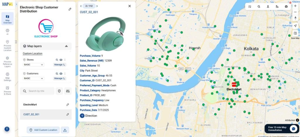 A zoomed-in city map displaying different customer clusters using color-coded layers.