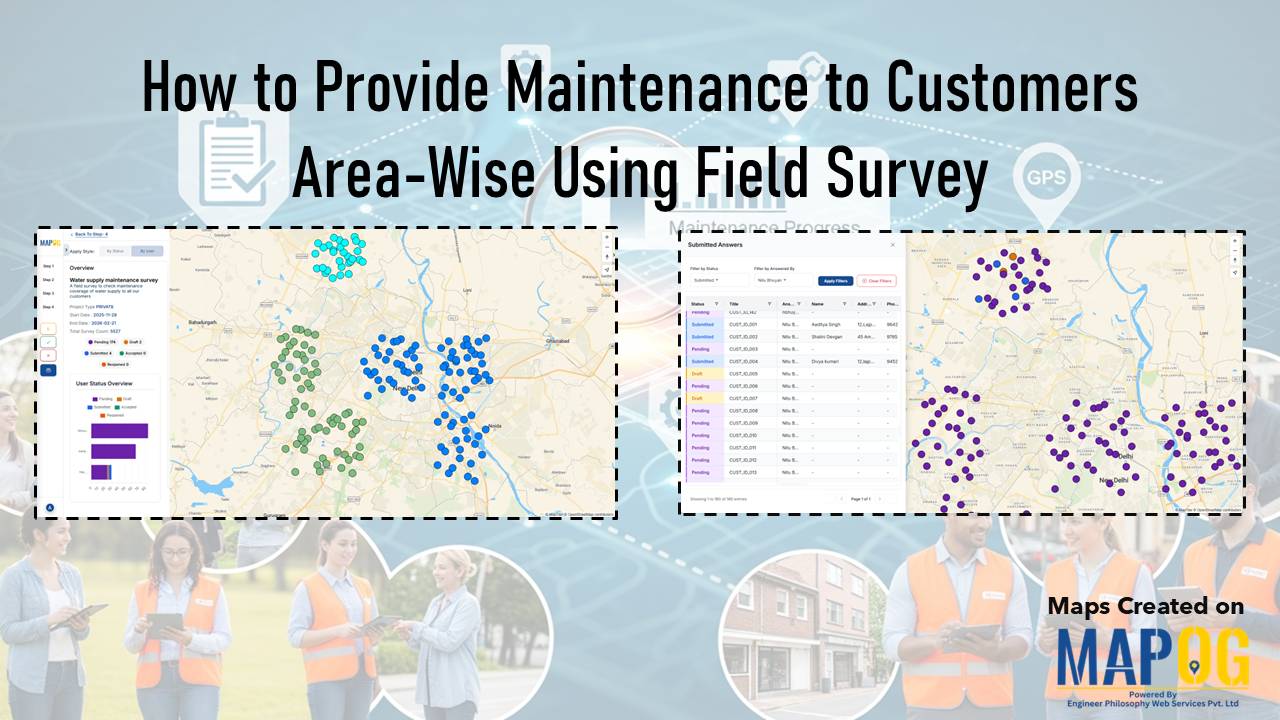 Showing color-coded customer survey points with a data table and field surveyor visuals in the background, illustrating how to provide maintenance to customers area-wise using field surveys