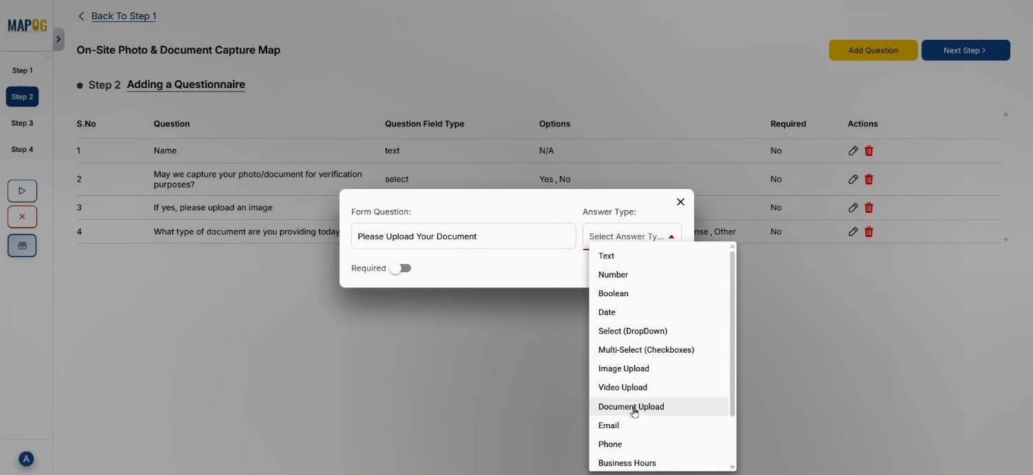 question builder with fields for customer documents onsite submission.