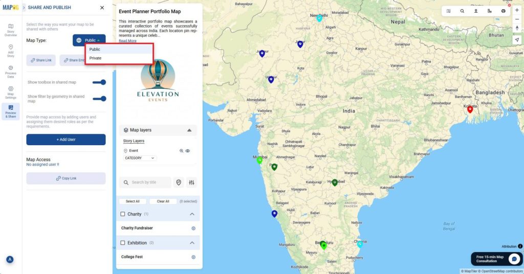 Choosing between private and public map sharing