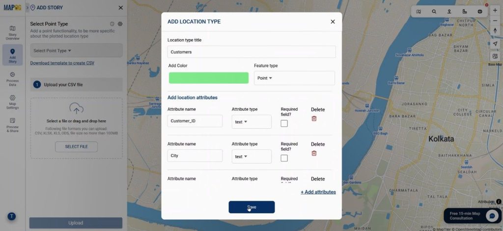 Attribute selection panel with customer data fields on an interactive map platform.