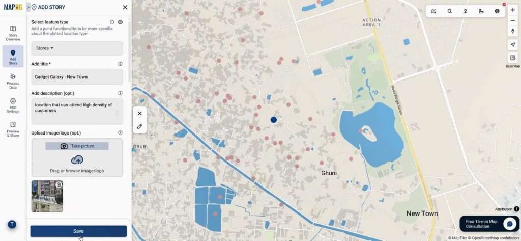 Highlighted high-density customer zone on map with a proposed new store marker.