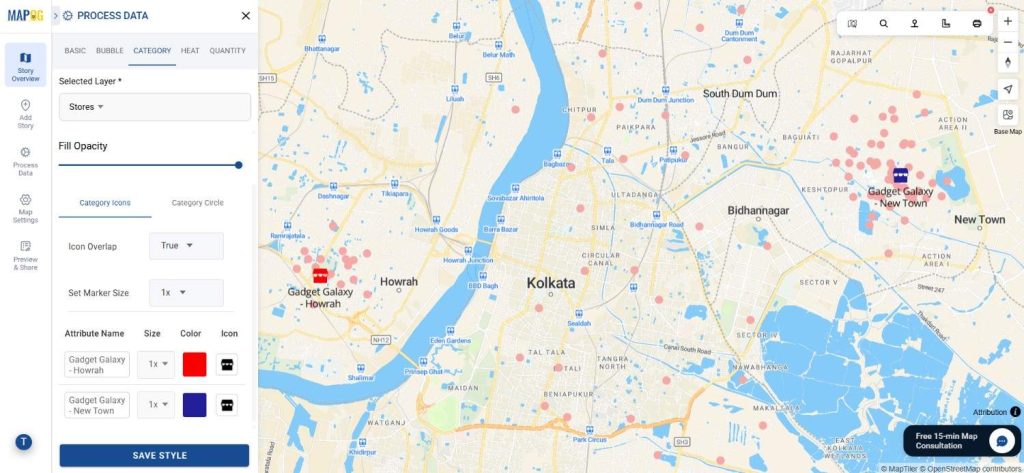 Map comparing old and new store locations using distinct color-coded layers.