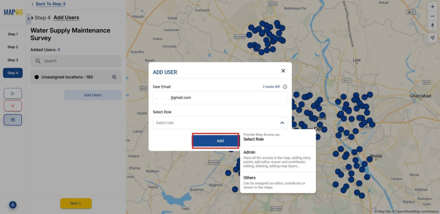 Shows adding members through their email addresses and assigning them roles