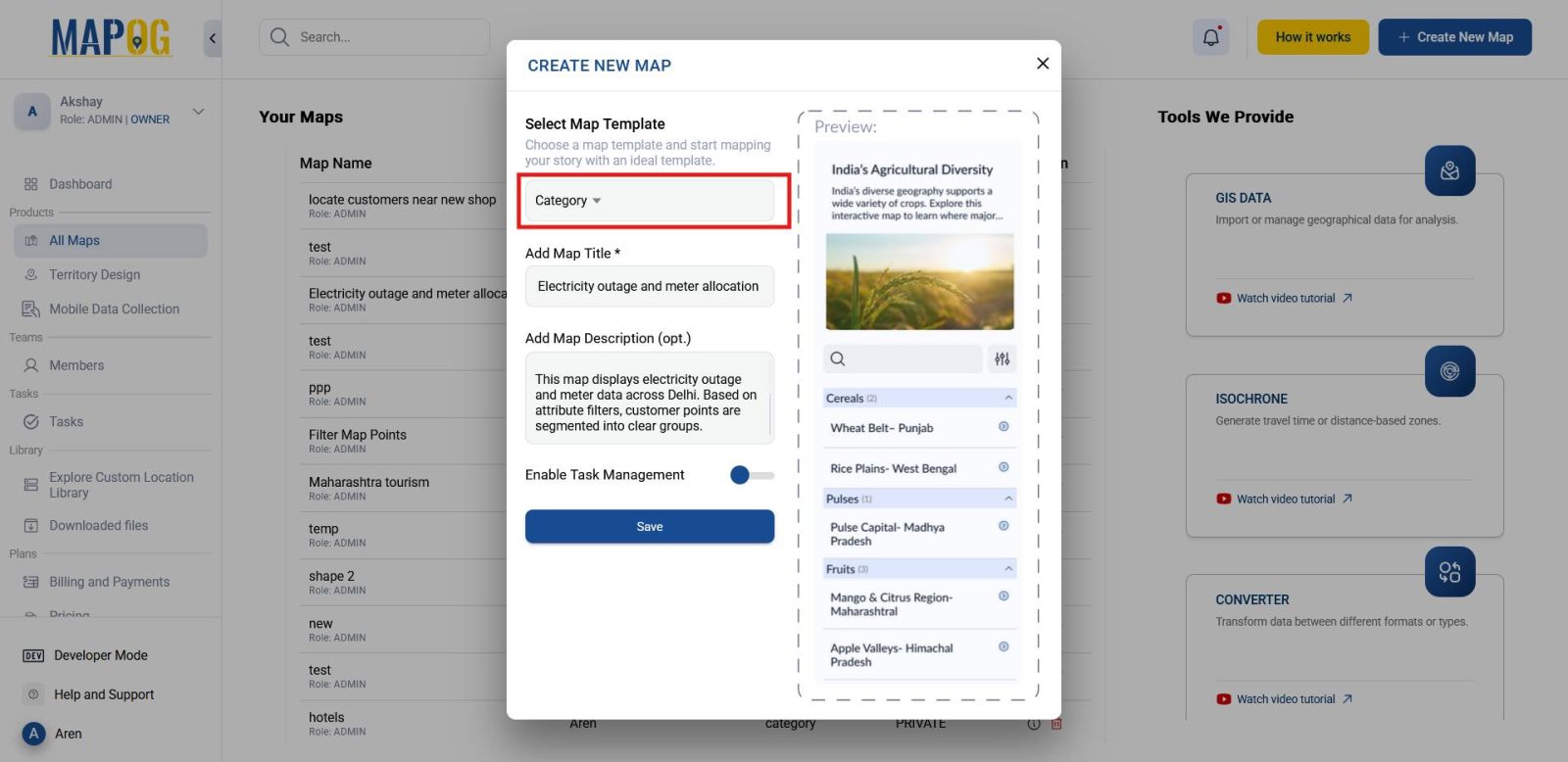 choosing template Interface shows creating a new map by selecting the Category template, adding title and description.