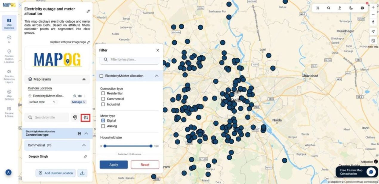 Filter customer points Shows filter options applied to clustered customer points to segment and filter customers instantly.