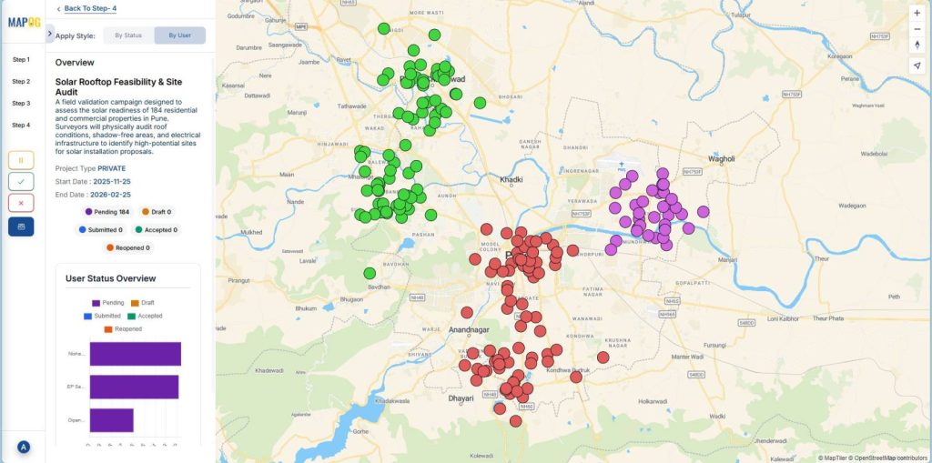 Final project overview dashboard showing mapped customer locations with status categories and summary analytics.