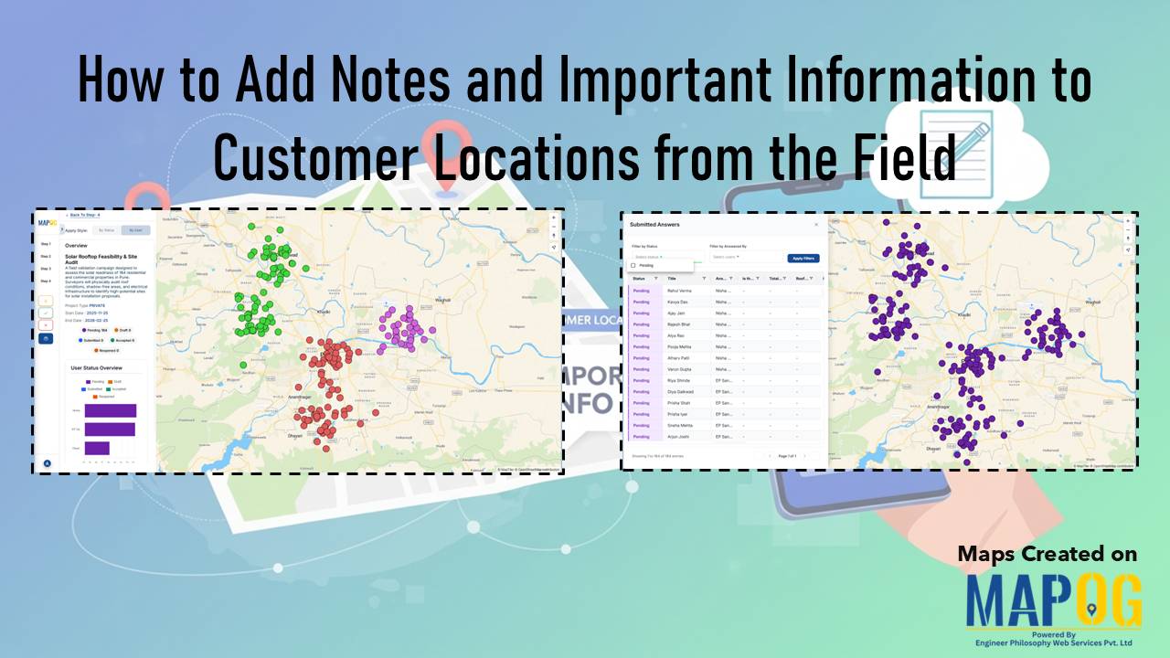 Cover image showing color-coded customer locations on a digital map and a field data table used to Add Notes and Important Information to Customer records in real time on MAPOG.