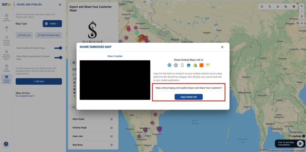 MAPOG embed map interface with link for WordPress Blogger Wix Shopify integration.