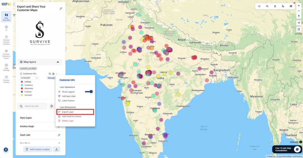 Export customer information map layer.