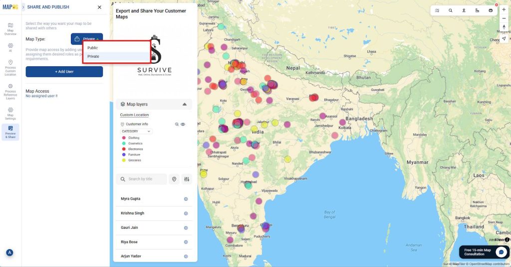Public and Private visibility for a customer map.