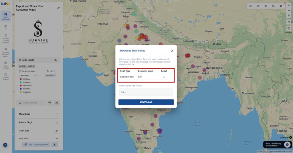 Choose Story Points to Download: Export or Share Your Customer Maps Securely with Your Team