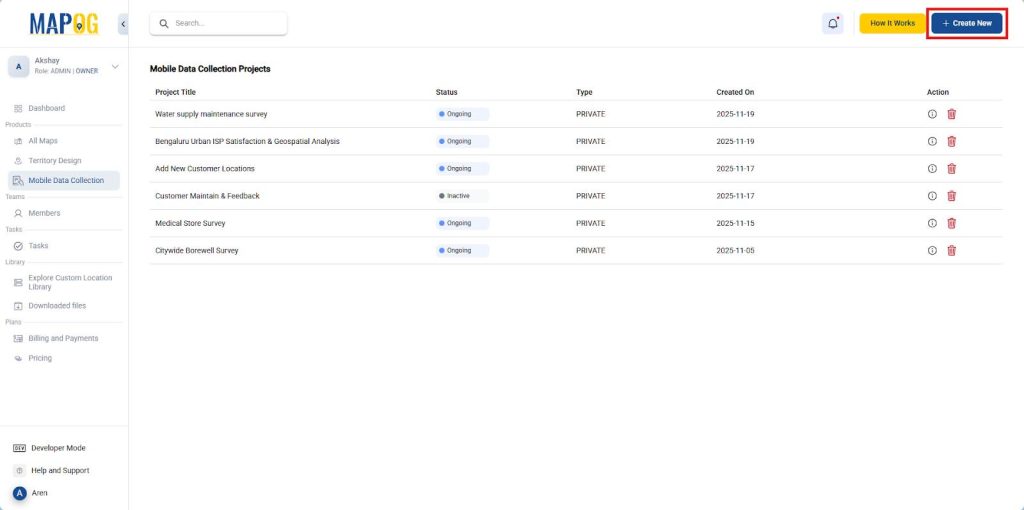 MAPOG interface for creating a new project to assign customer locations for surveys.