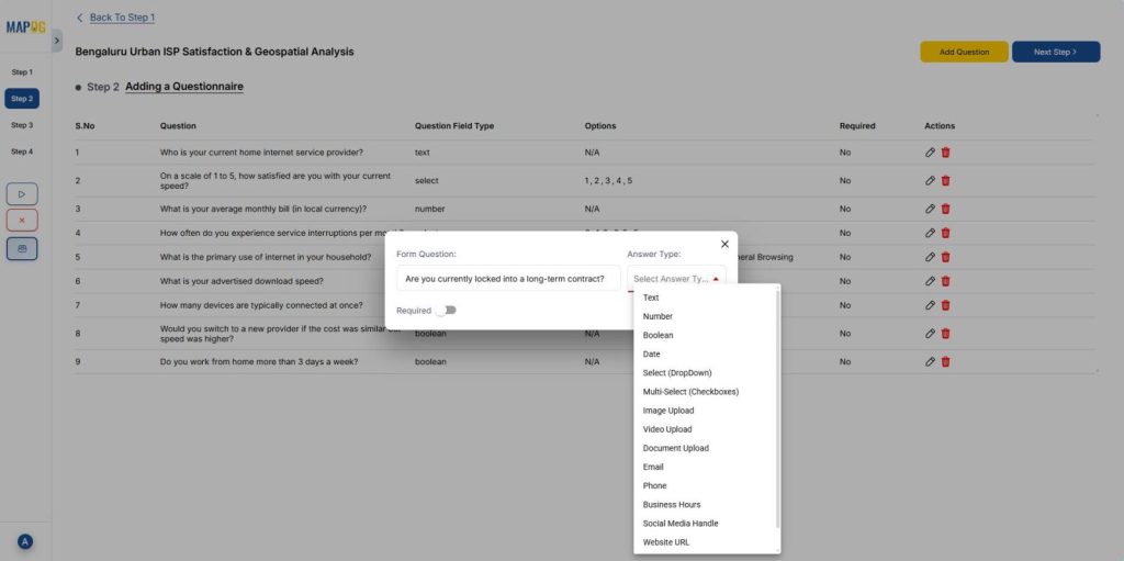 Adding survey questions in MAPOG workflow before assigning customer locations to contributors.