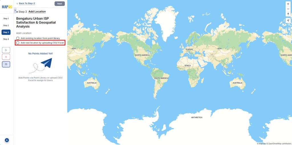 Uploading CSV data in MAPOG to assign customer locations with latitude and longitude mapping.