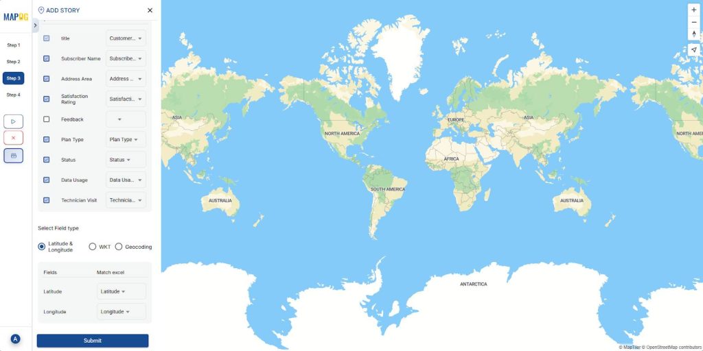 Matching csv files columns with attribute fields to assign customer locations and latitude and longitude mapping.
