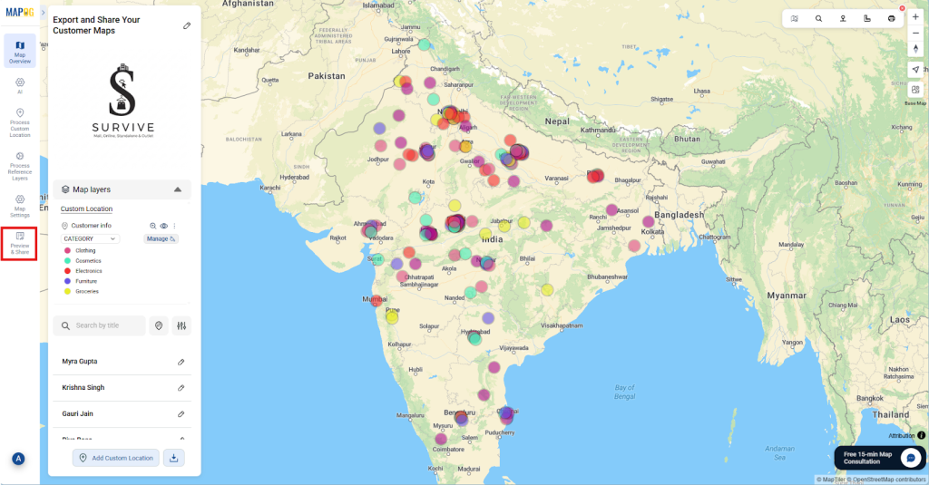 Share & Preview option for a customer map.