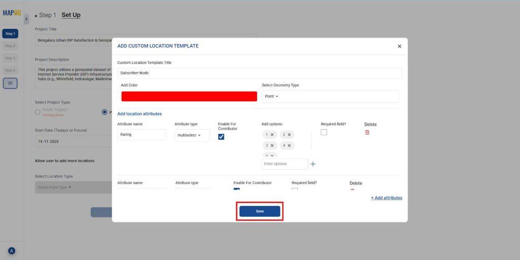 Defining custom location types in MAPOG to assign customer locations with attributes and geometry.