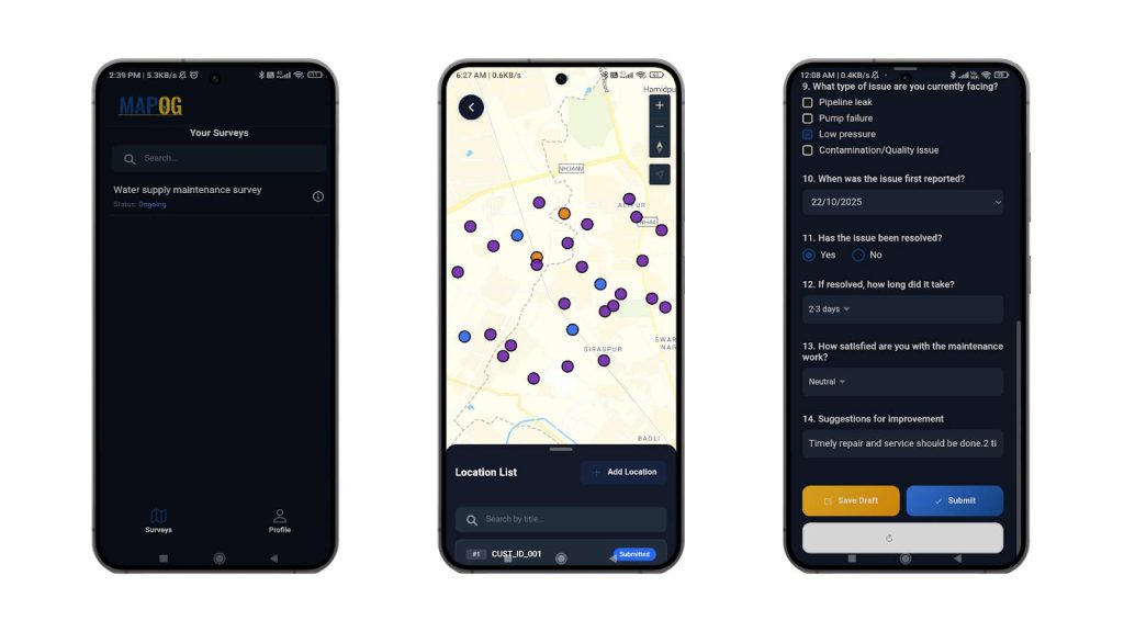 MAPOG Contributor mobile app screen showing assigned survey points where staff record responses, syncing data to dashboard to provide maintenance to customers in real time.
