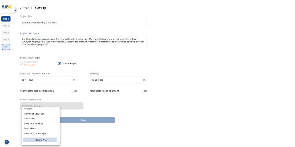 Setup screen in MAPOG showing project creation fields, location type selection, and configuration options used before field teams Add Notes and Important Information to Customer locations.