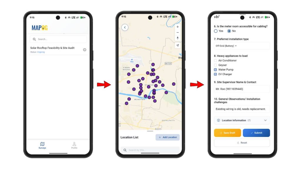Contributor Mobile app screens showing how contributors collect customer survey data in the field.