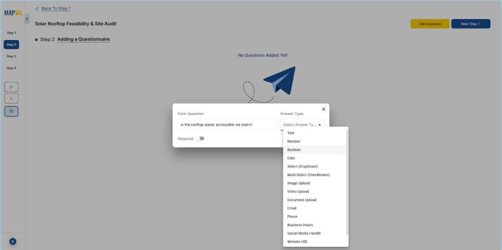Question setup screen in MAPOG for adding fields used to Add Notes and Important Information to Customer locations.