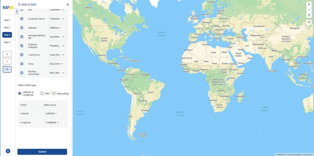 Matching all the excel columns to the attributes and match latitude and longitude.